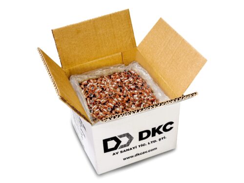 High-quality DKC 9mm 124 Gr FMJ Bullets with copper jackets, arranged in a 2500-piece case, designed for precision and reliability.